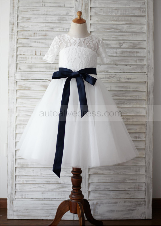 Ivory Lace Tulle Short Sleeves Heart Hole Back Knee Length Flower Girl Dress 